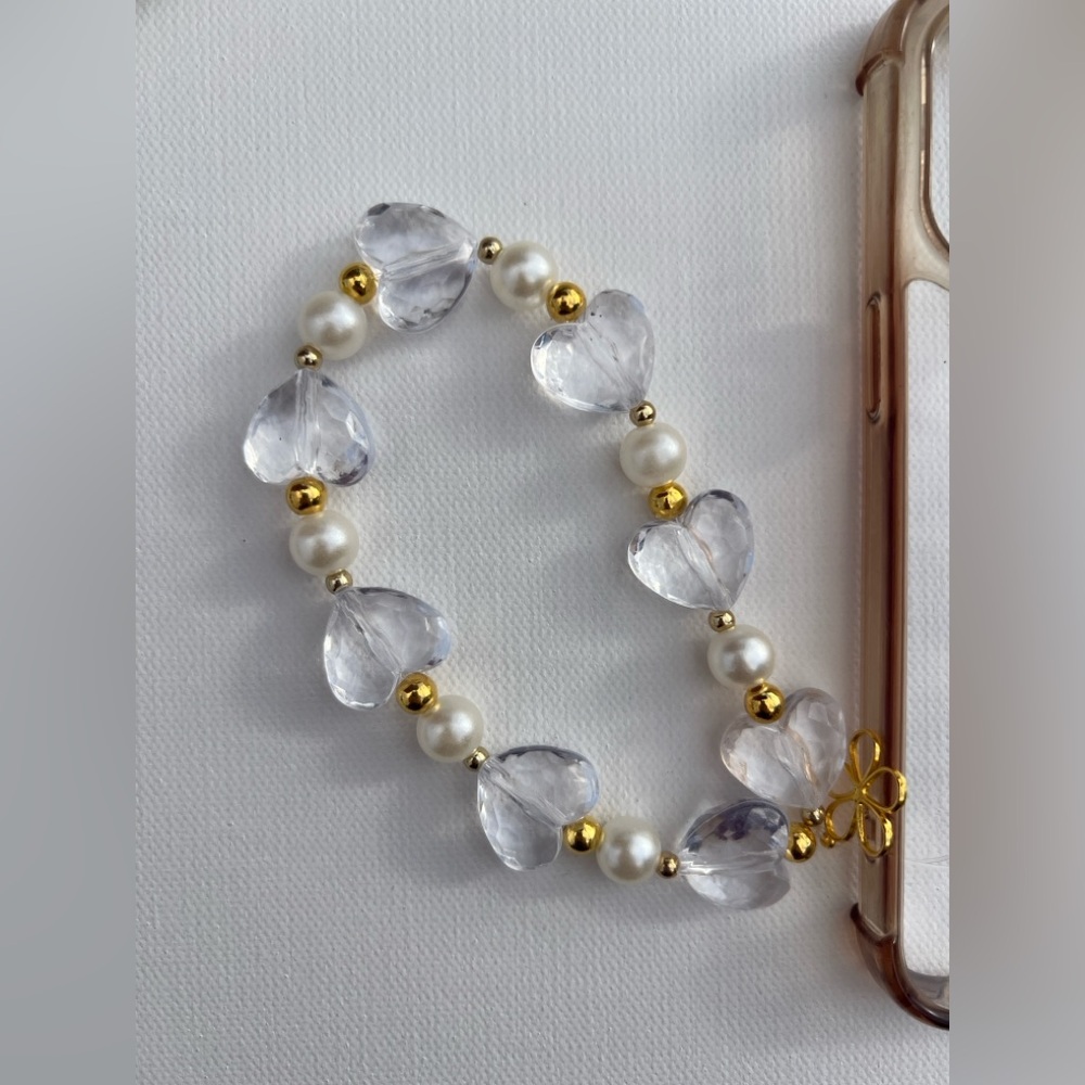 Elegant Gold, White, and Clear Heart Pearl Phone Charm